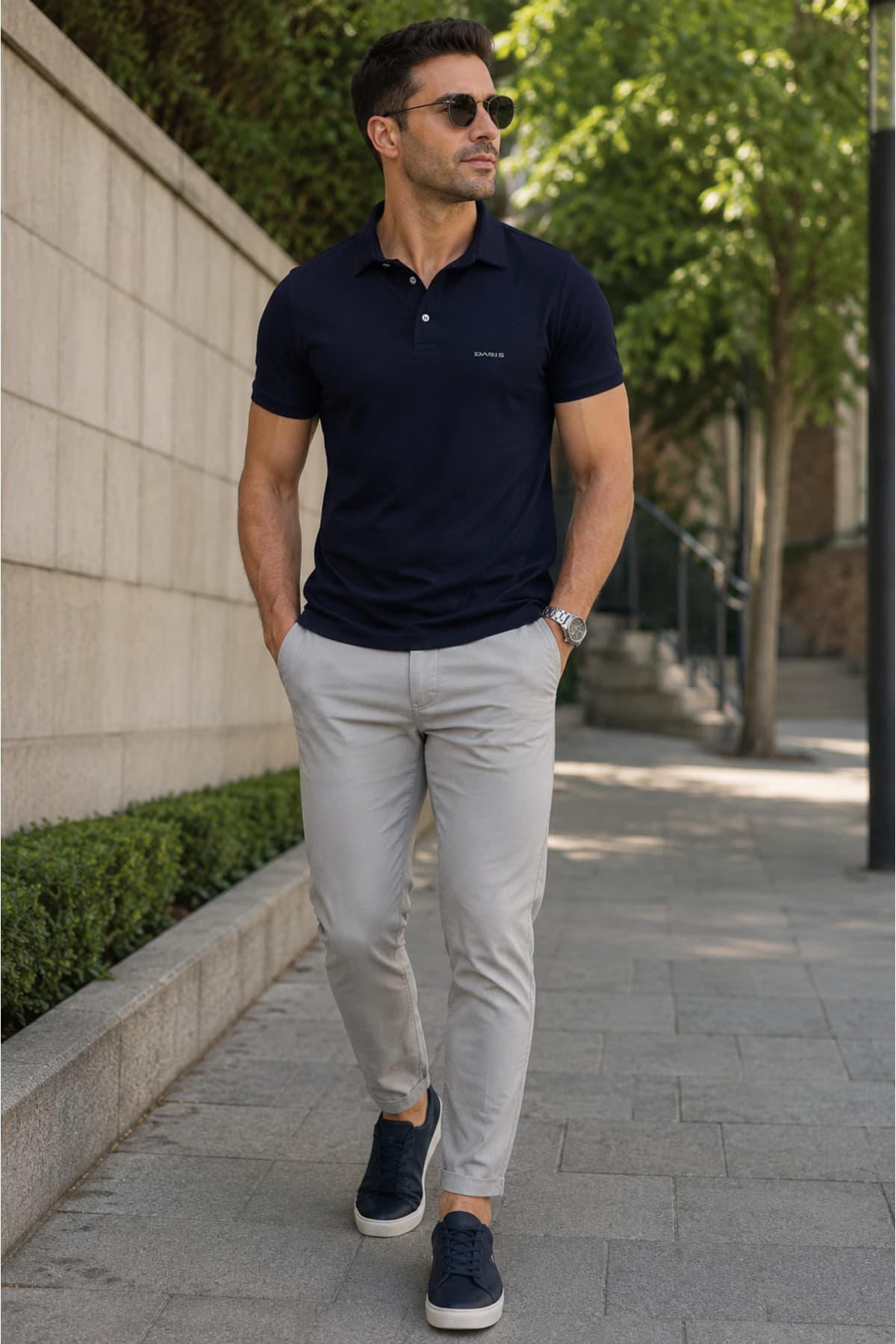 Erkek Slim Fit Düz Polo Tişört - Lacivert
