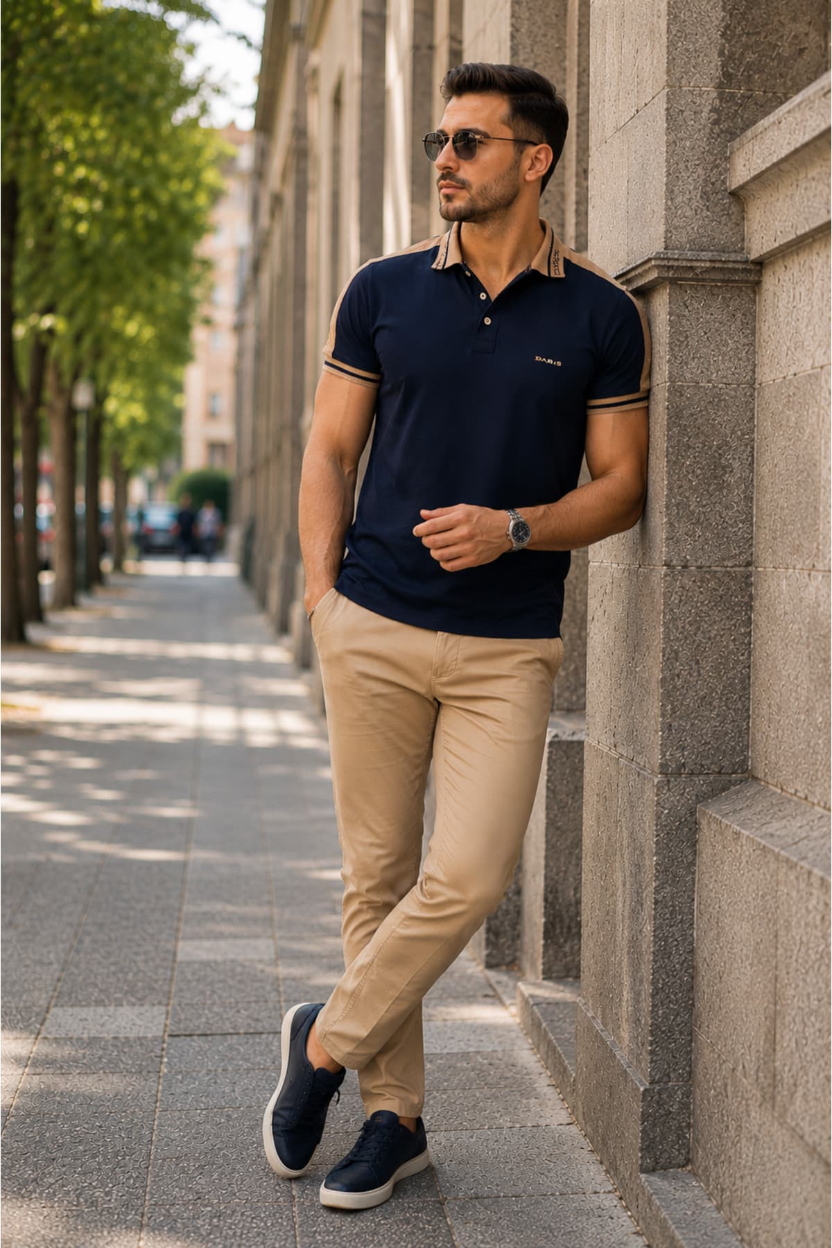 Erkek Slim Fit Omuz Garnili Polo Tişört - Lacivert