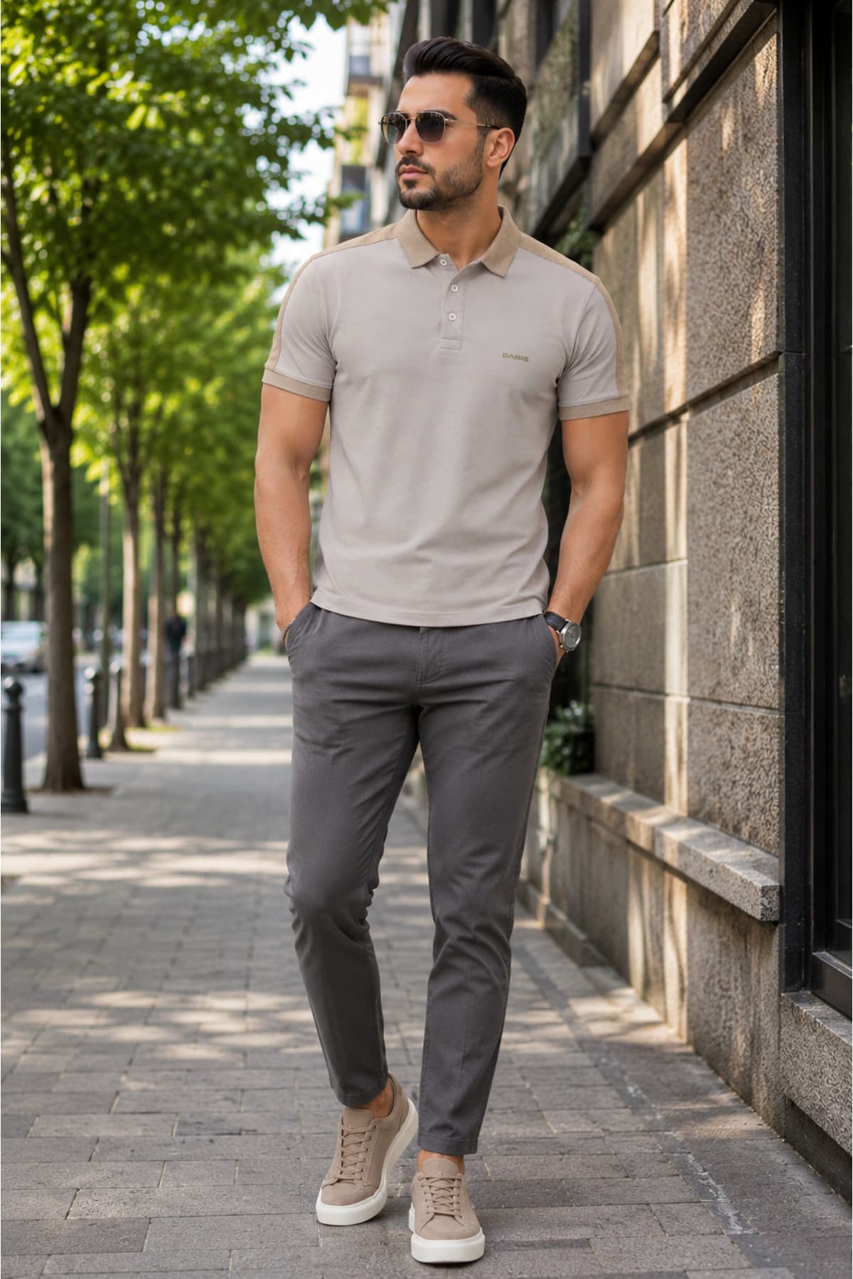 Erkek Slim Fit Omuz Garnili Polo Tişört - Bej