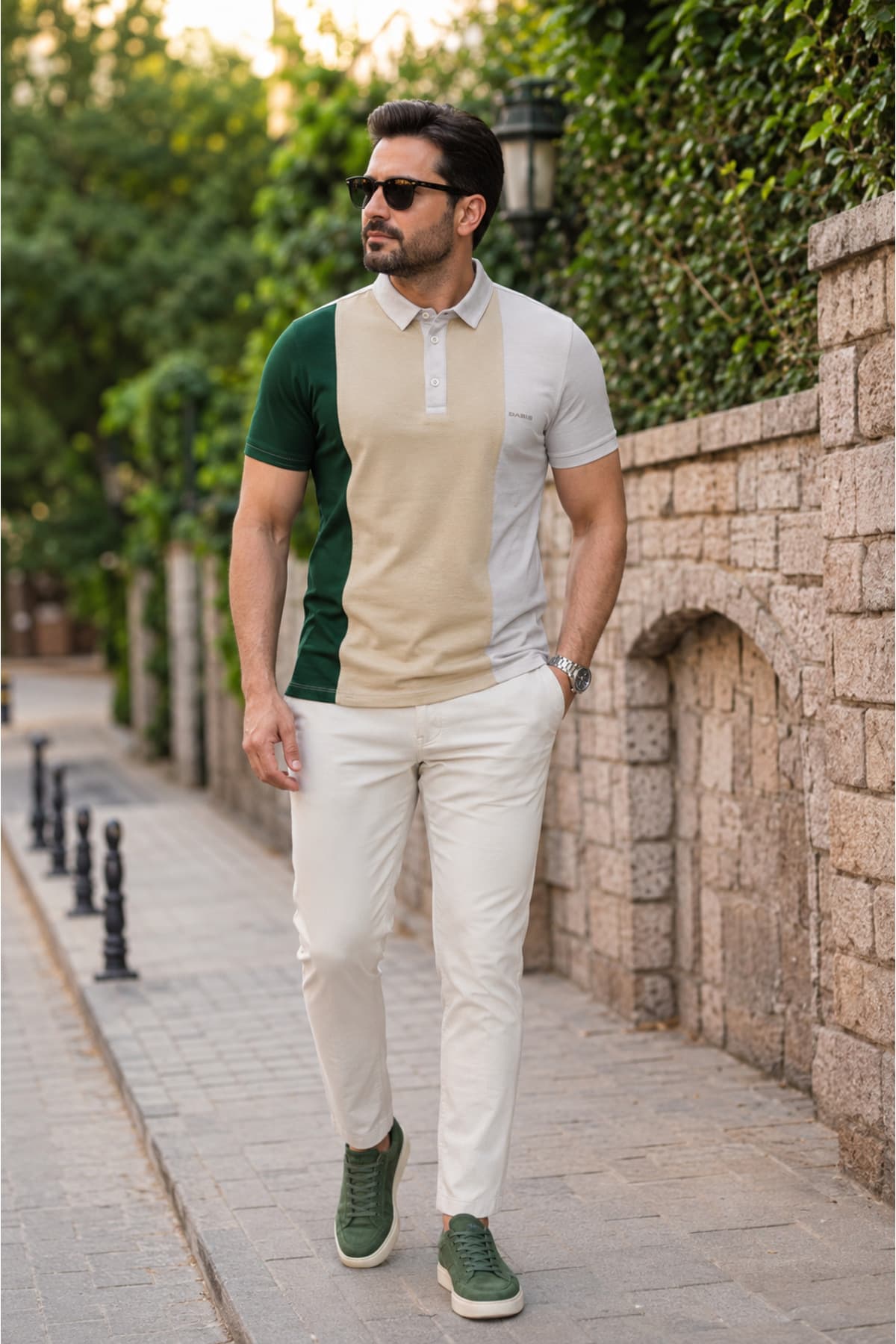 Erkek Slim Fit Omuz Garnili Polo Tişört - Yeşil
