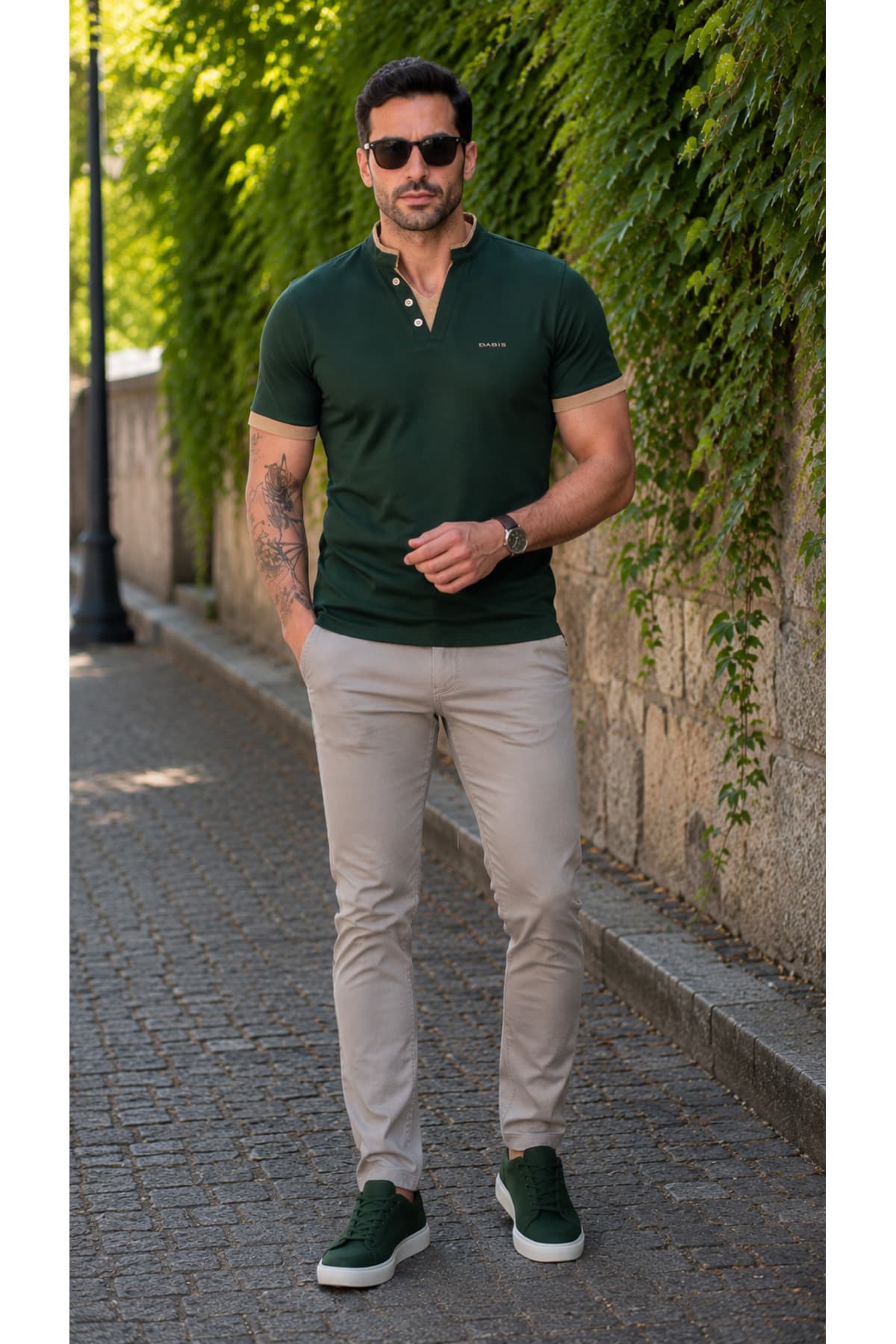 Erkek Slim Fit V Yaka Polo Tişört - Yeşil